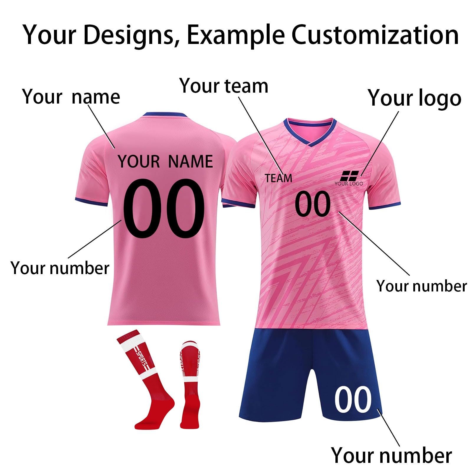 Maillot de Foot Personnalisé Enfant et Adultes avec Nom Numéro de L'équipe, T Shirt Personnalisé Maillot de Foot Enfant Ensemble Garçon Vêtements de Football Tee Shirt, Short avec Chaussette