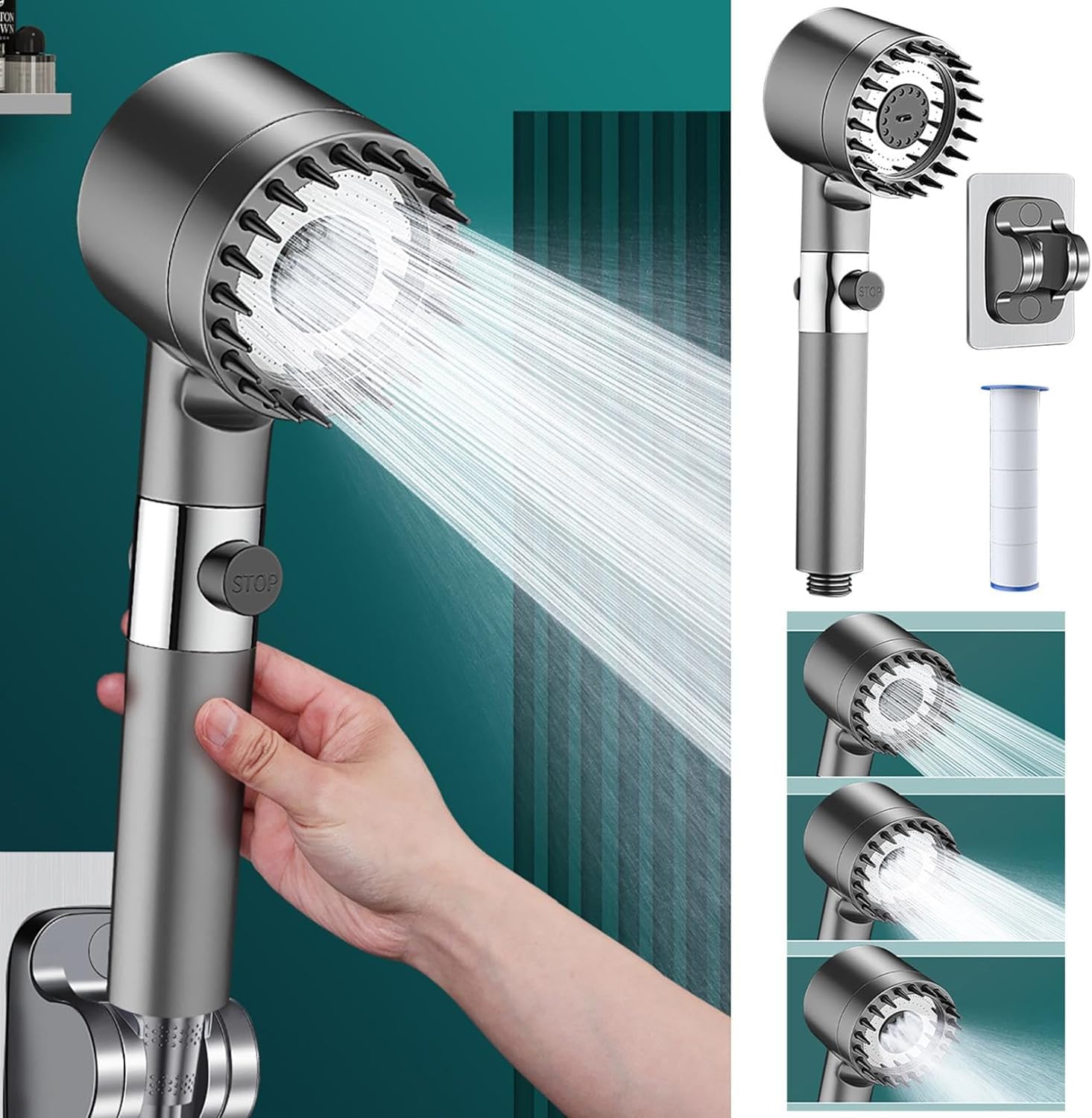 Soffione doccia con doccetta, soffione doccia ad alta pressione con filtro e staffa a parete, 3 modalità di spruzzo, pulsante di spegnimento completo on/off, doccia a pioggia regolabile