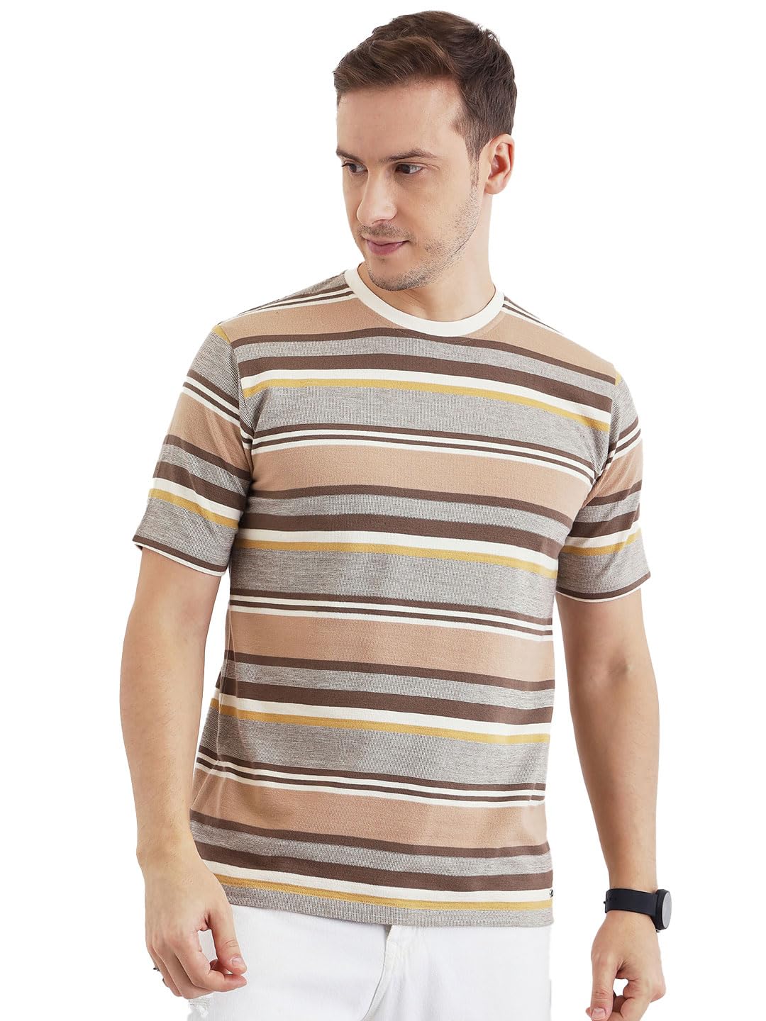 Janasya Men's Summer Striped Style Trendy t Shirt in neutral