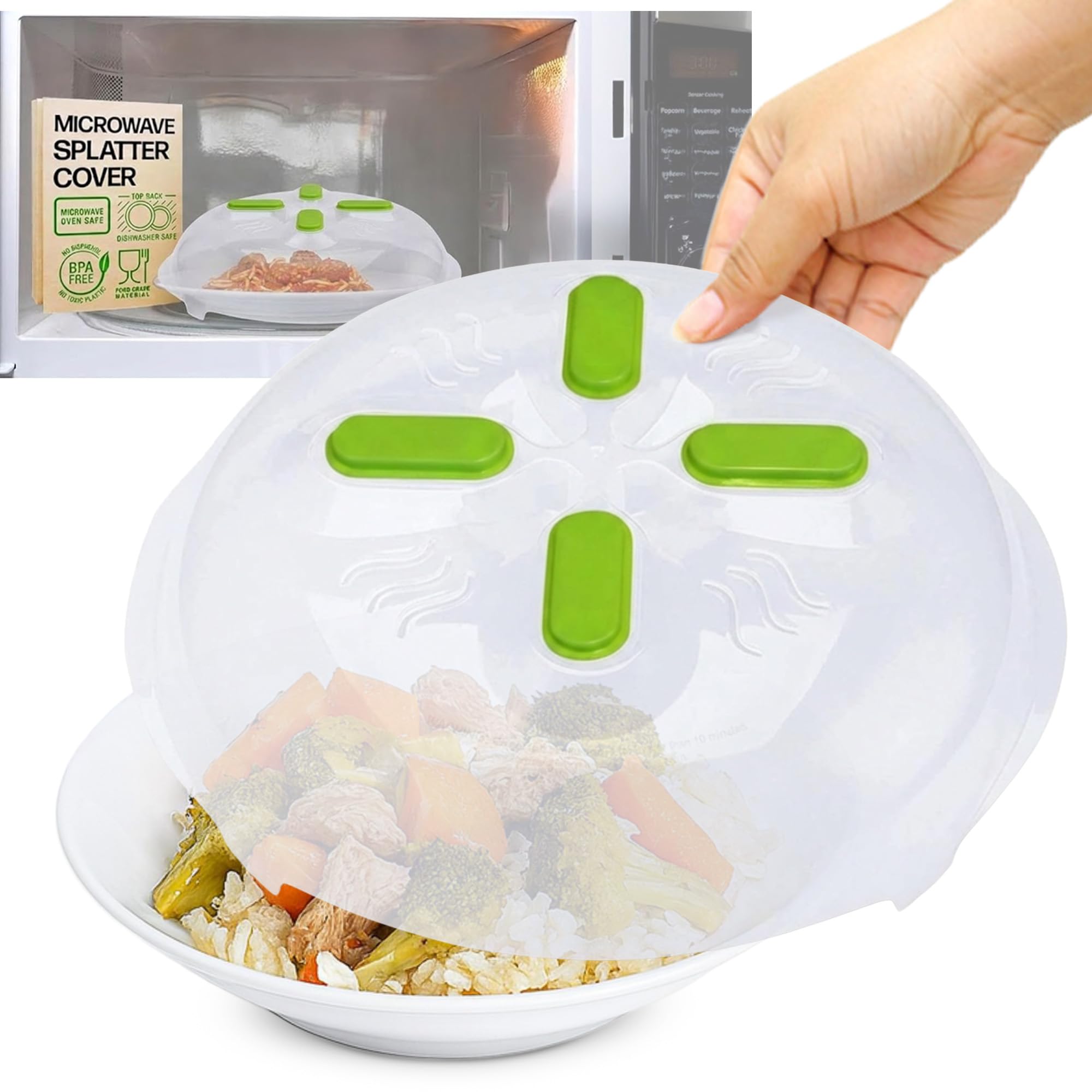 HOVER COVER Magnetic Microwave Cover for Food | Clear Microwave Splatter Cover | Microwave Plate Cover with Steam Vents | Food Grade Dish Cover | BPA-Free | Dishwasher Safe | Green