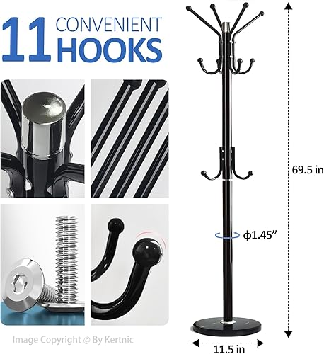 Vista 26 de Kertnic Perchero moderno independiente con base de mármol natural y marco de metal resistente, 7 ganchos para chaquetas, sombreros, bolsos, Negro