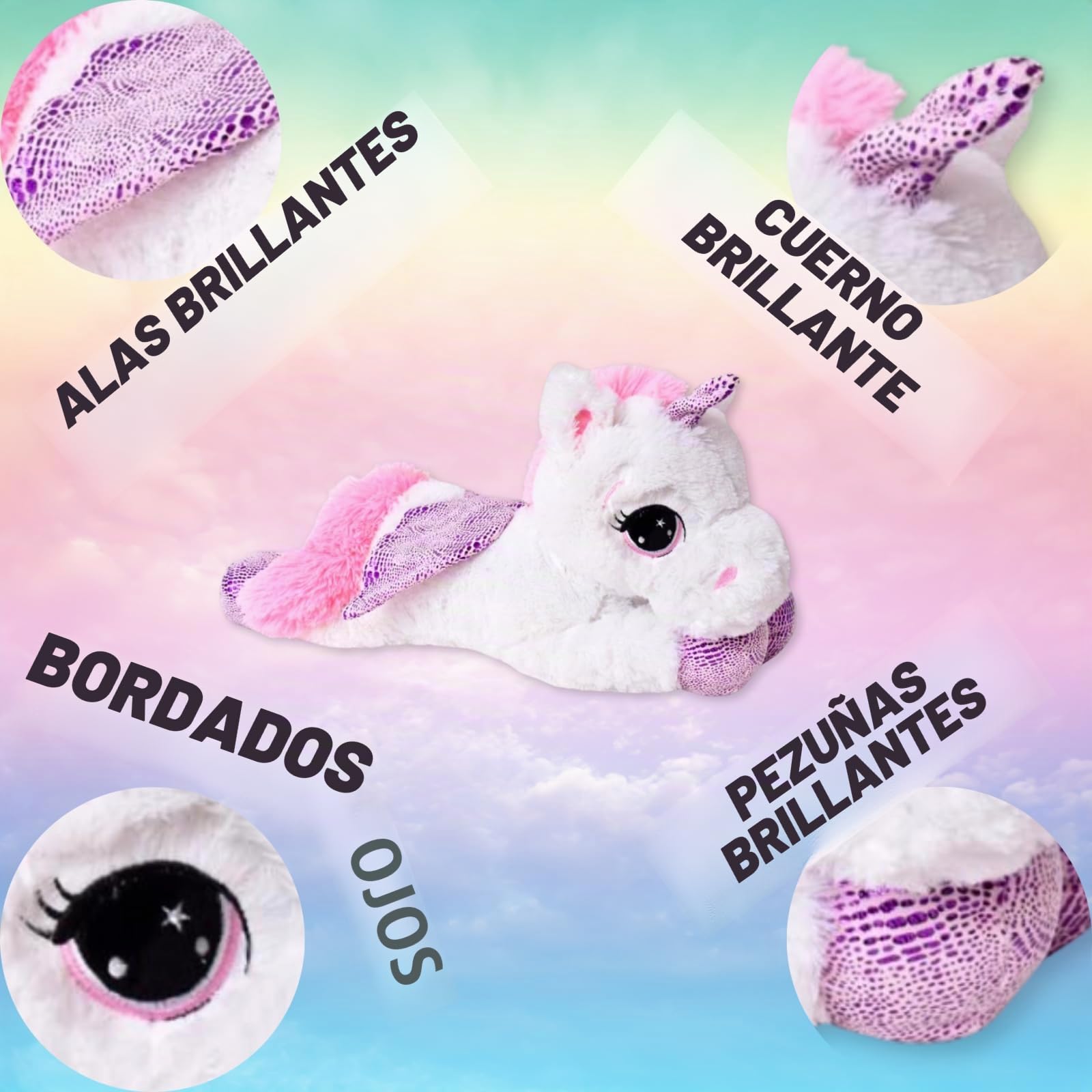 te-trend Caballo de Peluche Unicornio Unicornio tendida 60cm Fucsia o Blanco con púrpura Aplicaciones y ala - Blanco
