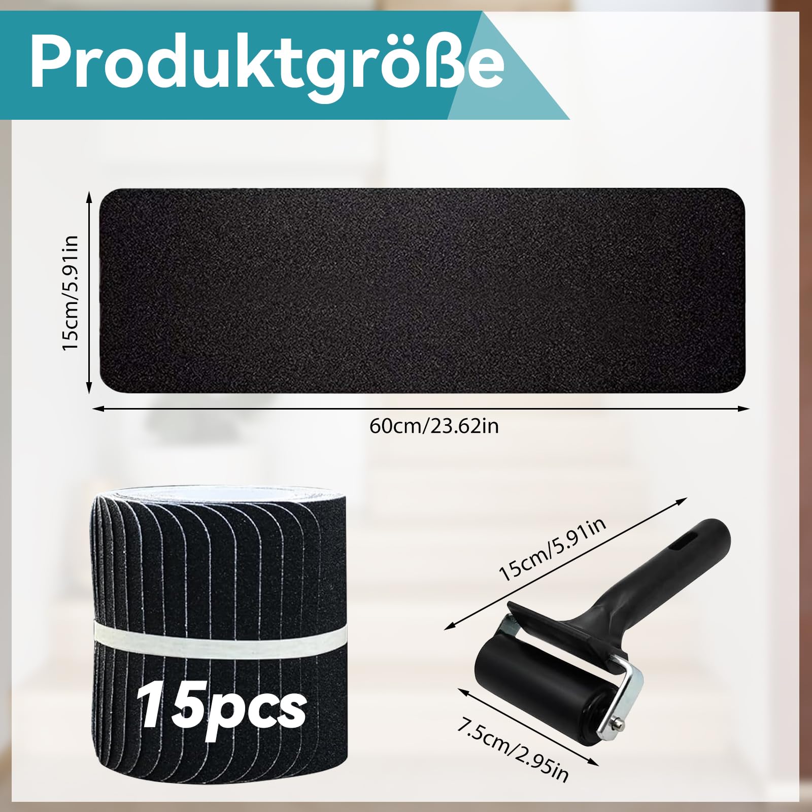 Stufenmatten Selbstklebend Rutschfest (15er Pack) – Anti Rutsch Streifen für Treppen mit Andrückrolle |Wasserfest Grip Tape Treppenstufen Antirutschmatten für Außen & Innen (15cm*60cm)