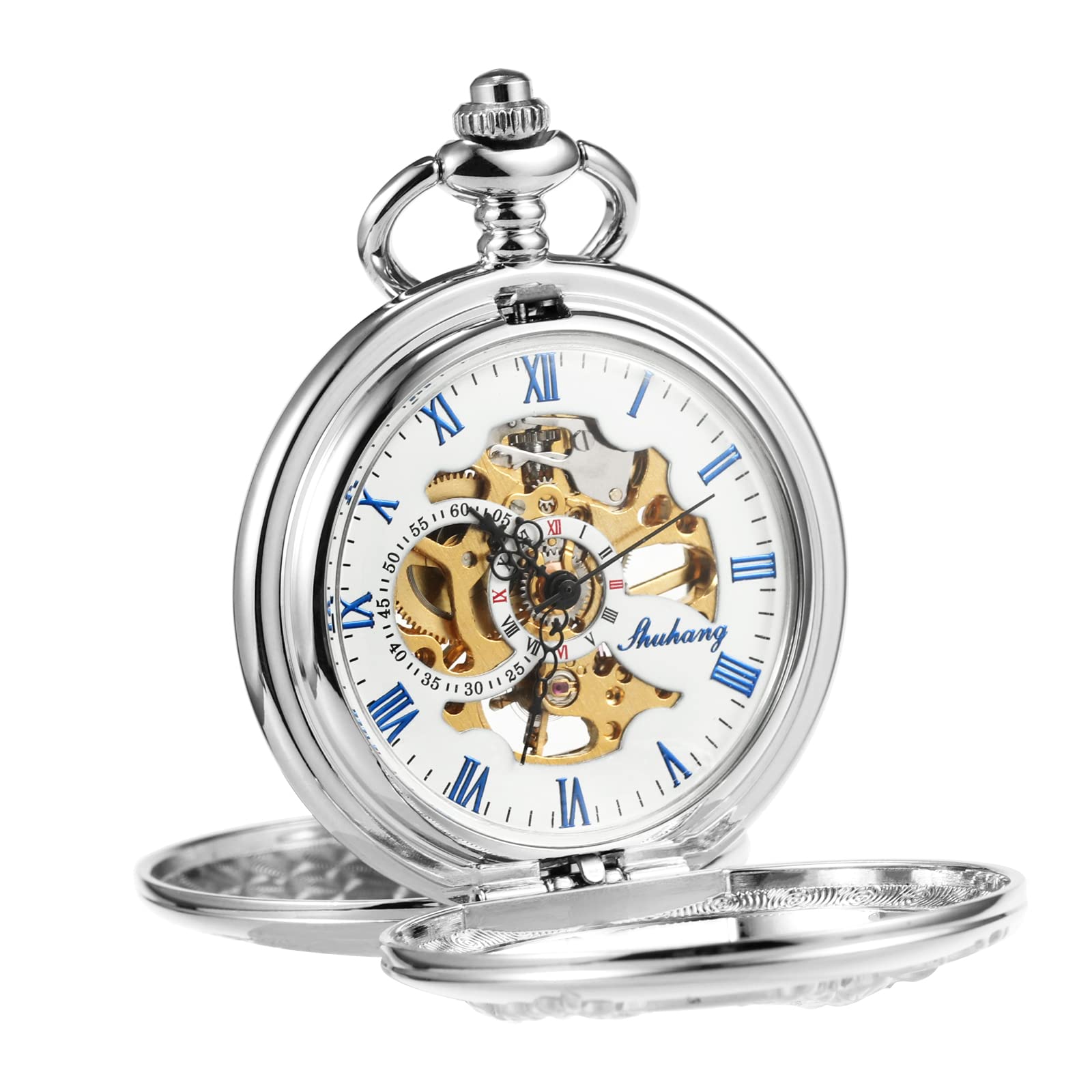 TREEWETO Unisex Taschenuhr Analog Handaufzug Retro Rentier Skelett Römische Taschenuhren mit Kette für Herren