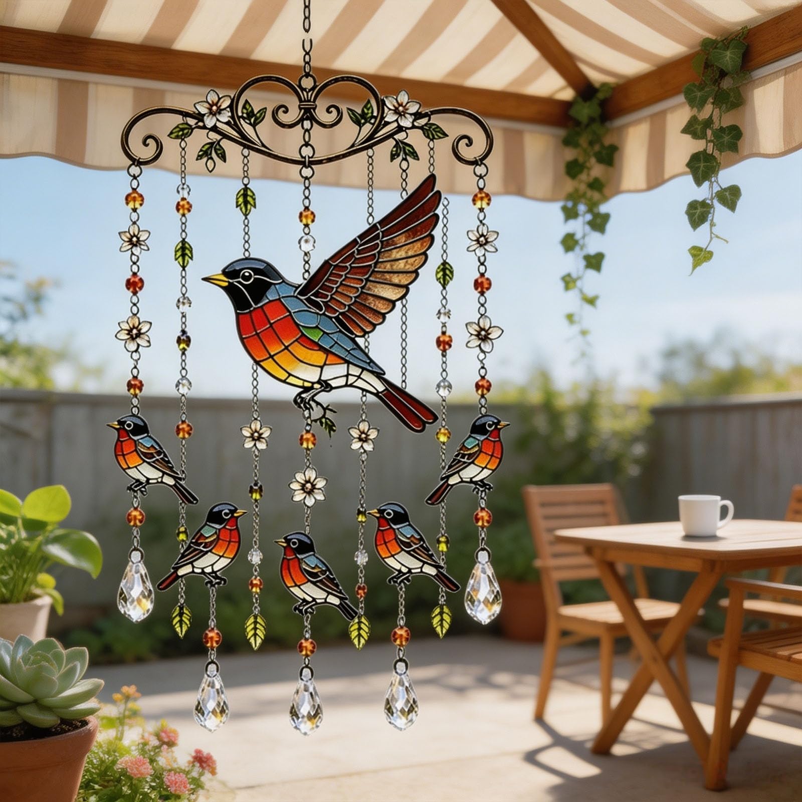 OLYGEE Graceful Hummingbird Wind Chimes for Outside, Stained Glass Crystal Sun Catcher Windchime, Colorful Yard Garden Decor Memorial Gift for Grandma Women (#D)