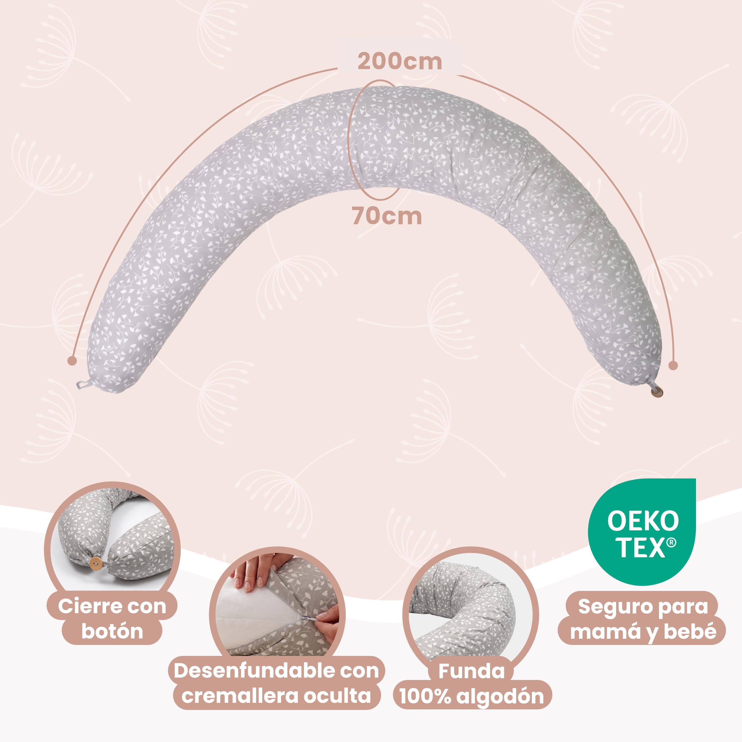 MIMUSELINA Cojin Lactancia y Embarazo 100% Algodón | Extra Grande y Mullido | 200 x 70 cm | Almohada Embarazada, Lactancia y Nido de Bebé | Funda Desenfundable y Lavable | Gris con Flores
