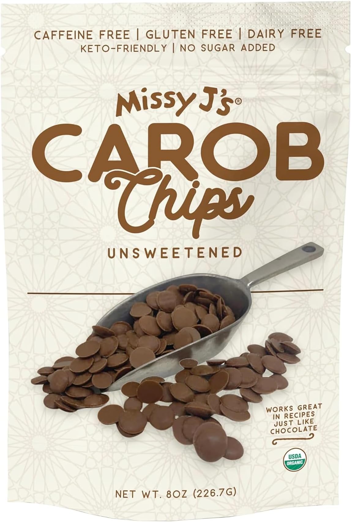 Missy J's organic Unsweetened Carob Chips 8 Oz, Vegan, Gluten and Caffeine Free, Healthy Substitute for Chocolate, Perfect for Snacks and Treats