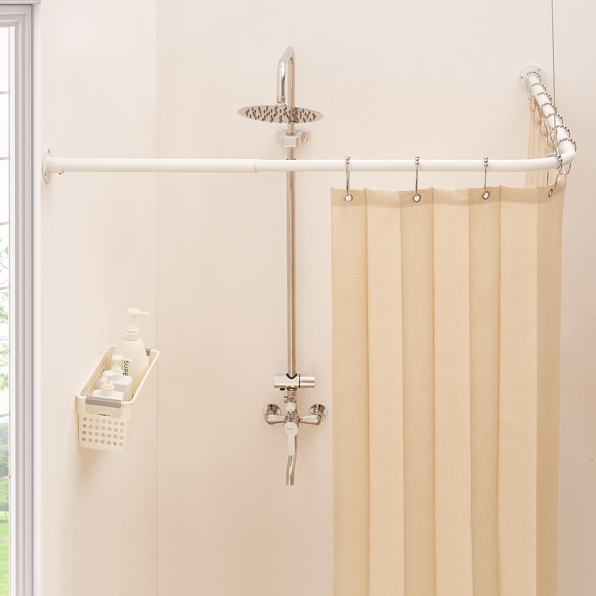 Mirooyu L Shaped Corner Shower Curtain Rail, [100-172 cm] x [140-212 cm] Heavy Duty 90 Degree Adjustable Shower Rod Pole for Bathroom, Bathtub & Outdoor with 12 Hooks & Ceiling Support