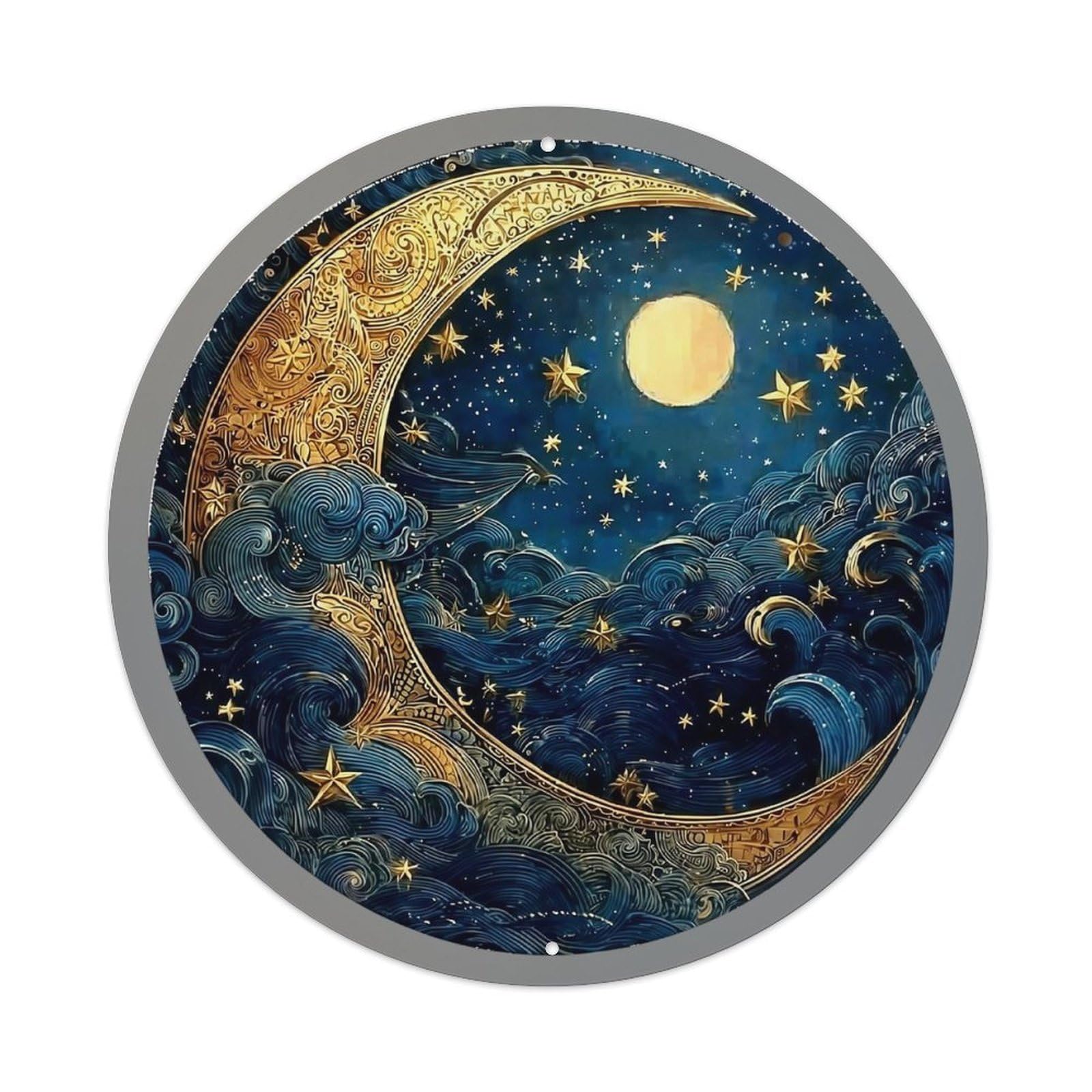 Golden Crescent Moon Starry Night_1 Vintage Metal Tin Sign Retro Wall Decor for Home Bar Garage Cafe, Indoor & Outdoor Decorative，circle Metal Poster, 8x8 Inch
