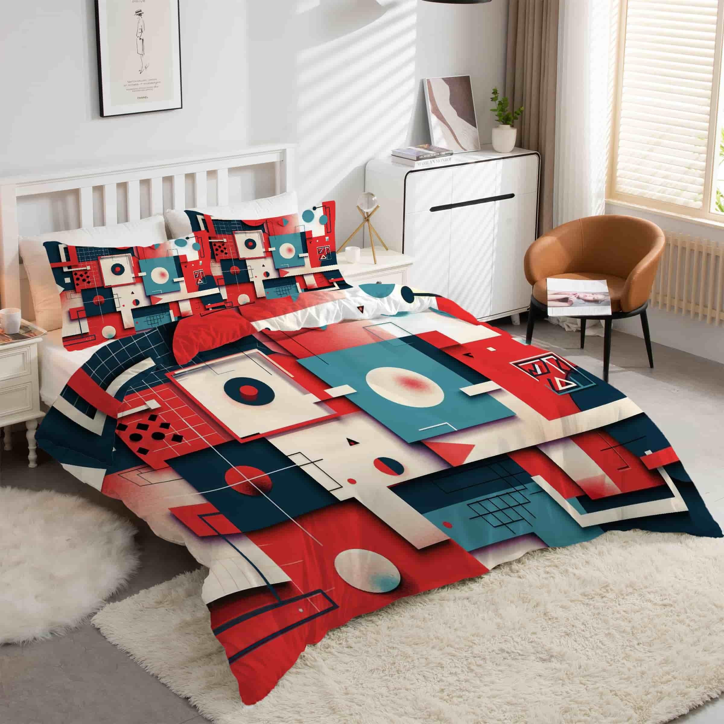 Housse de couette 160x200 carreaux et lignes avec 2 taies d'oreiller microfibre