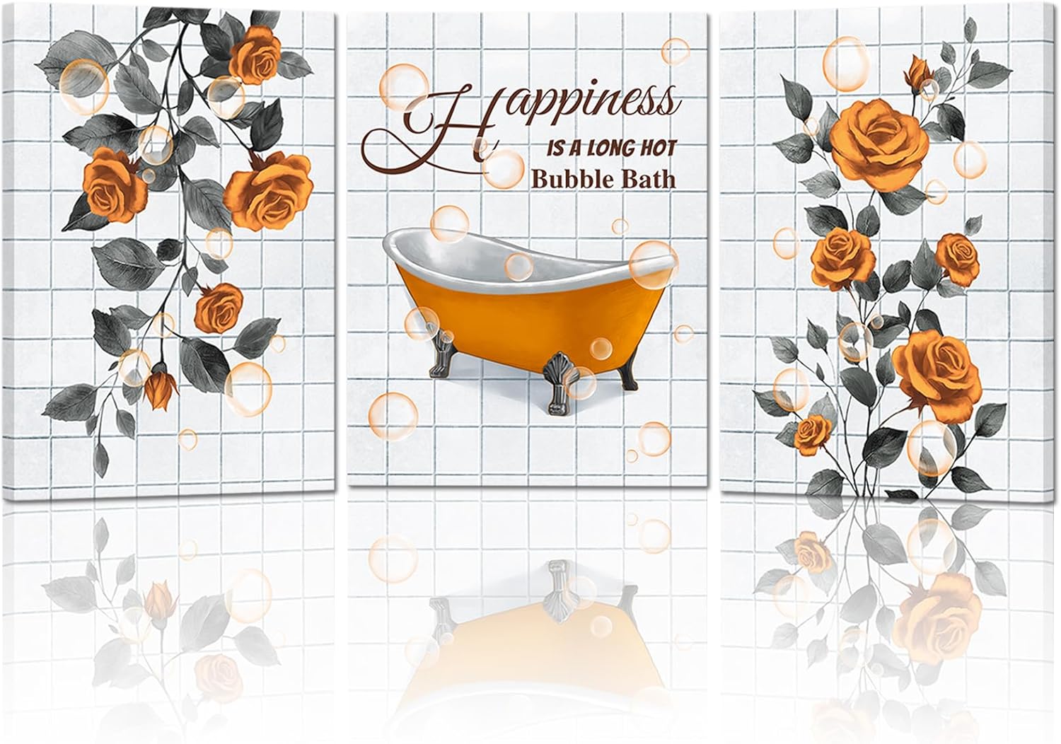 FuShvre Orange Bathroom Wall Art Burnt Orange Rose Flower and Bathtub Pictures Canvas Painting for Bathroom Decor Framed 12"x16" each