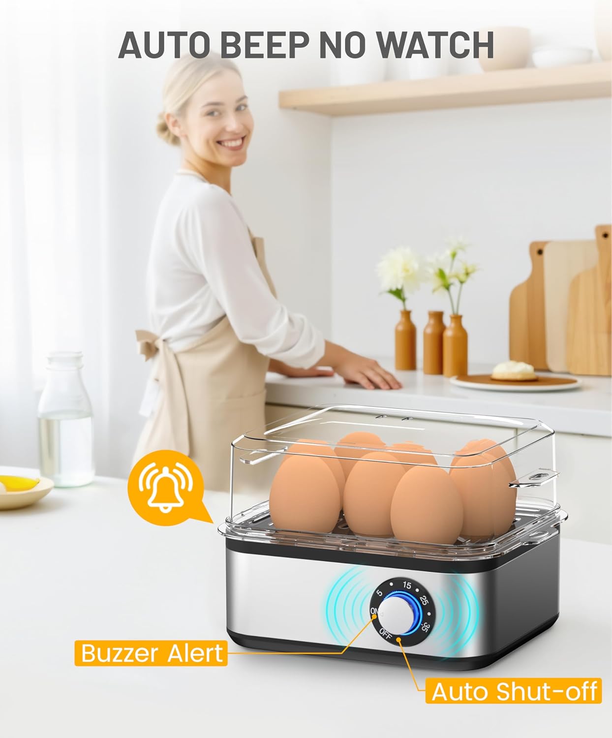 Adjustable Timer Electric Egg Cooker for Hard Boiled Eggs 8 Eggs Capacity Egg Boiler Machine Rapid Egg Steamer Stainless Steel Egg Maker Egg Poacher with Auto Shut-Off
