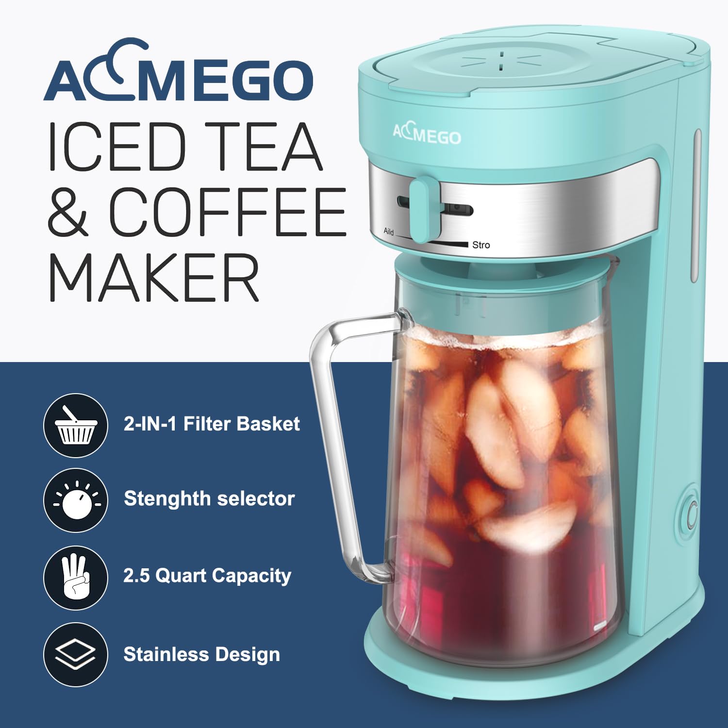 AEMEGO Iced Tea Maker, Brewing System with 2.5-quart Glass Pitcher, sliding strength selector, Stainless Steel Decoration, Reusable Filter (Green)