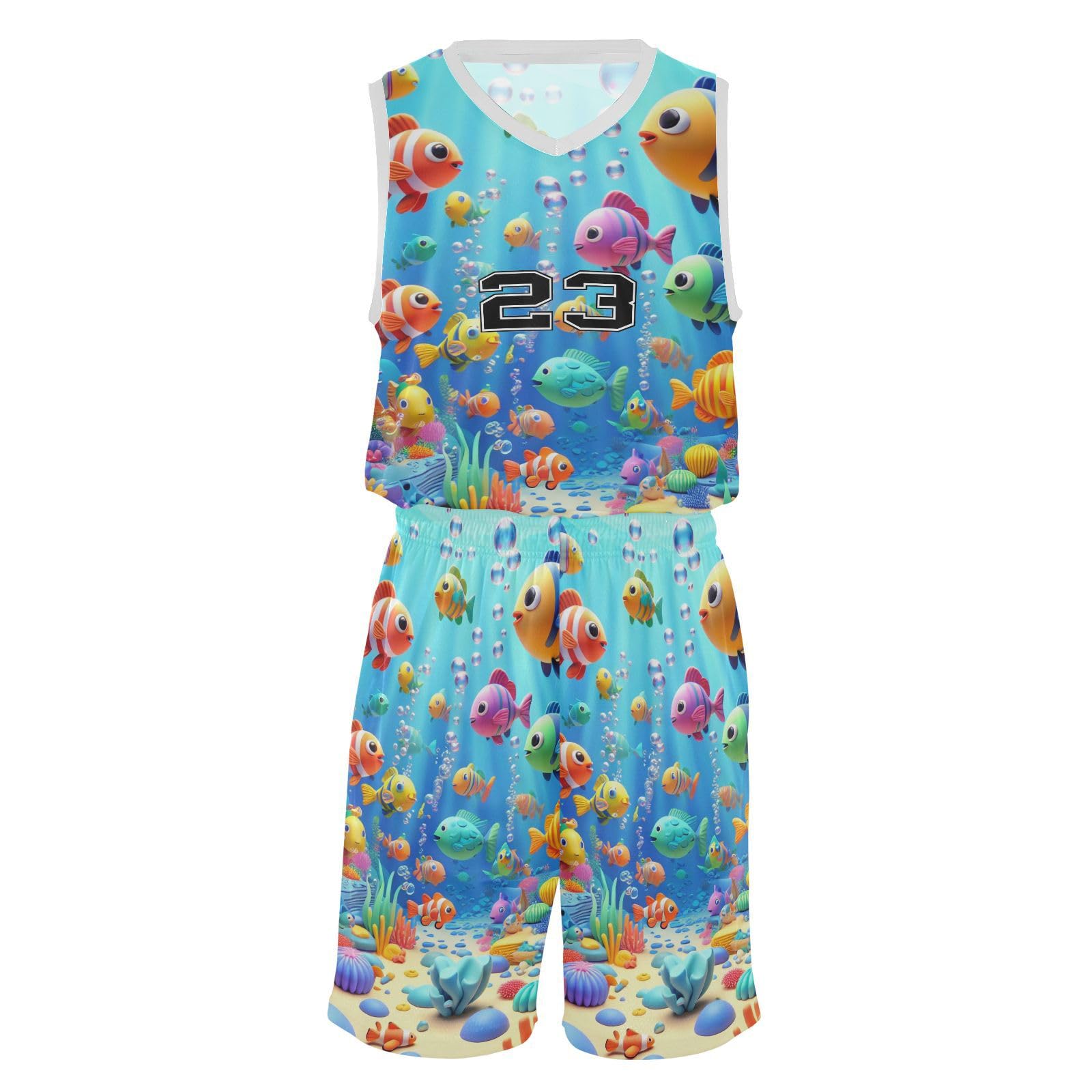 FLildon Colorful Sea Fishes Boys Basketball Jersey Set Tank Top Shorts Tracksuit Sport Training Suit for Kids