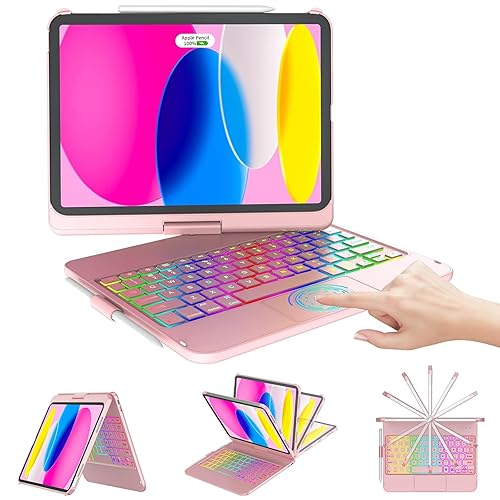 CC Store for iPad (A16) 11th 10th Generation Case with Keyboard - 7 Color Backlit 360° Swivel Multi-Touch Track Pencil Holde for iPad 11-inch A16 2025 10th Gen 10.9 Inch 2022(Rose Gold) - Rose Gold
