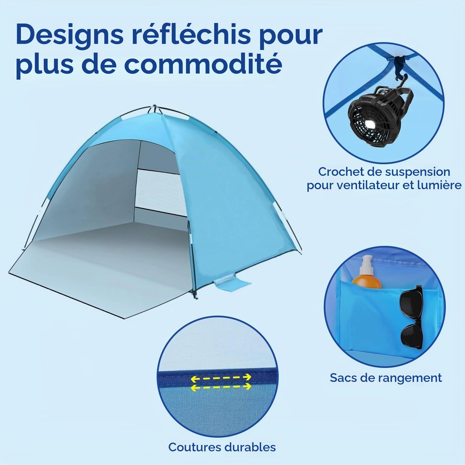 Tente de Plage Anti-UV 50+, Portable Abris de Plage pour 3-4 Personnes, Contre Le Vent, Tente Plage Famille avec Sac de Transport