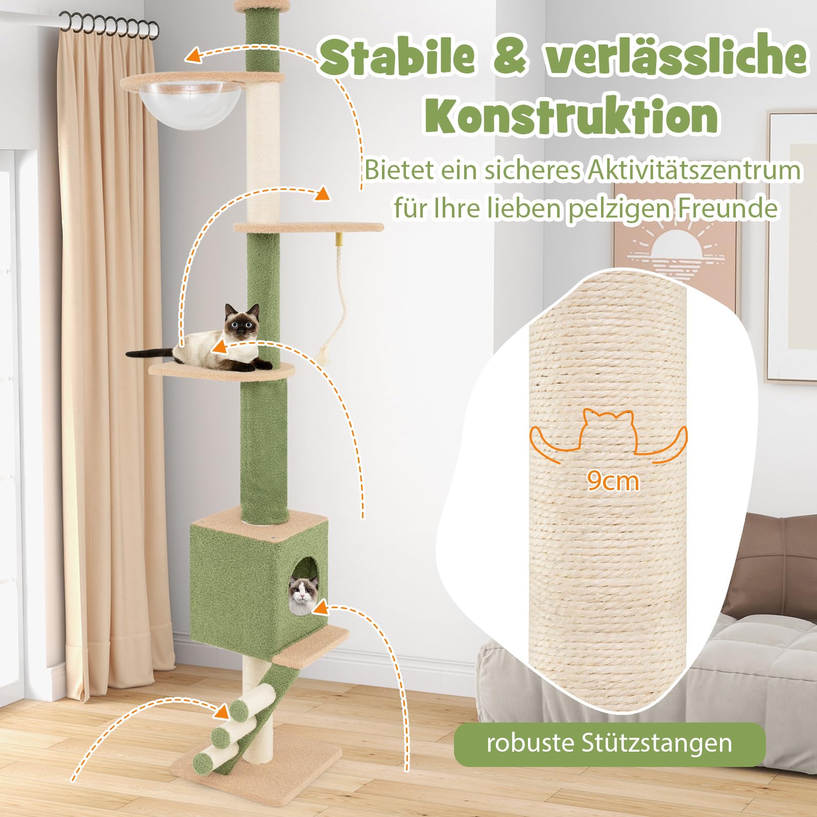 COSTWAY Drapak do Sufitu, Wysokość 218-253 cm, 5-Piętrowe Drzewko dla Kota z Legowiskiem, Kapsuła Kosmiczna, Drabinka do Drapania, Wysokie Drapaki, Meble