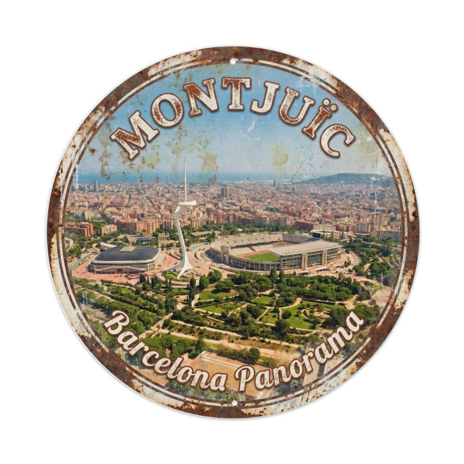 Barcelona Montjuic Panorama Vintage Spain Travel Cityscape Metal Tin Sign Plaque Wall Decor for Cafe, Man Cave, Club Bar, Office, Home Garden Round Metal Poster 8x8Inch