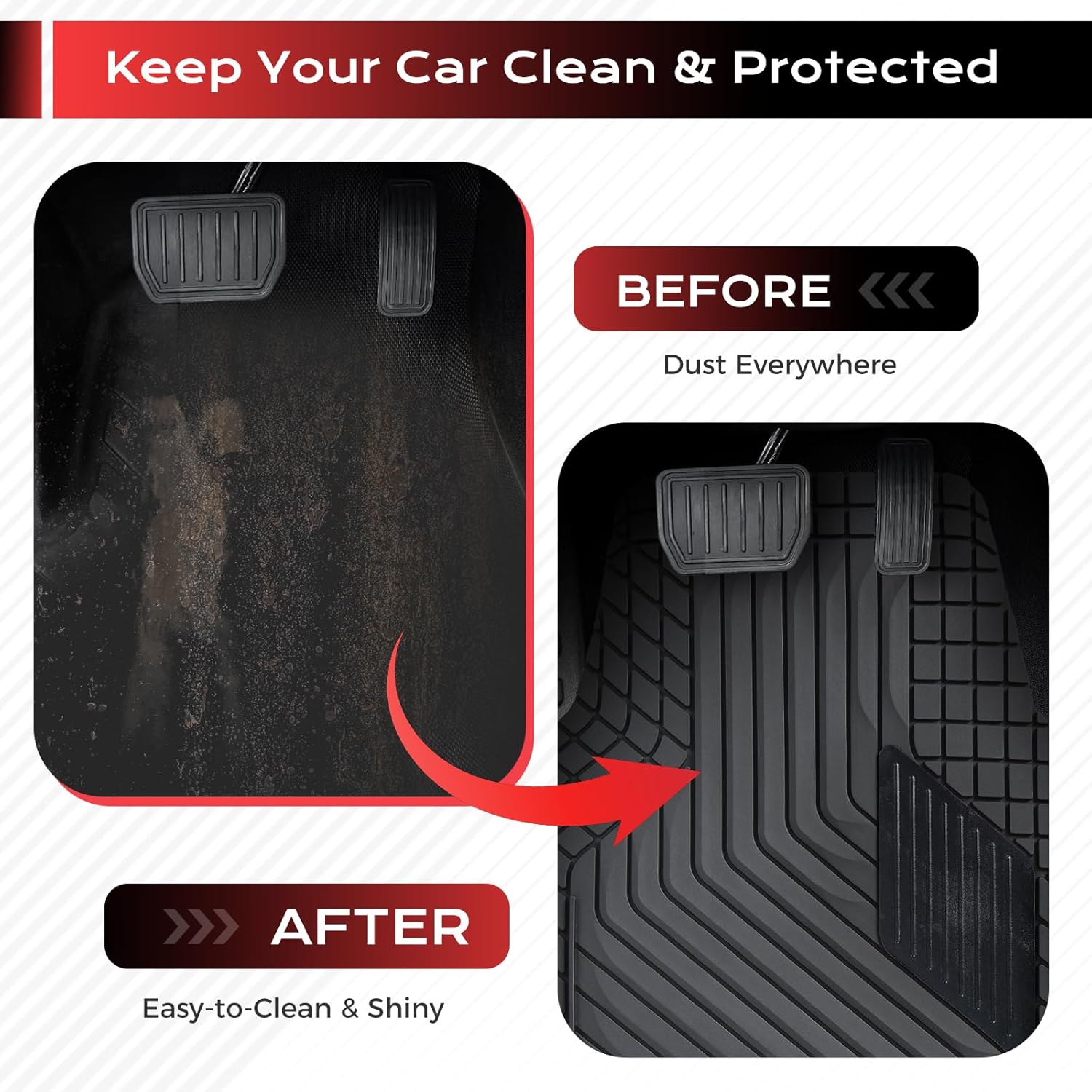 Coverado Heavy-Duty PVC Car Floor Mats Full Set – Black Metallic Heel Pad, All-Weather Protection for Front & Rear, Non-Slip Backing, Easy-to-Clean Liners, 4 Pcs