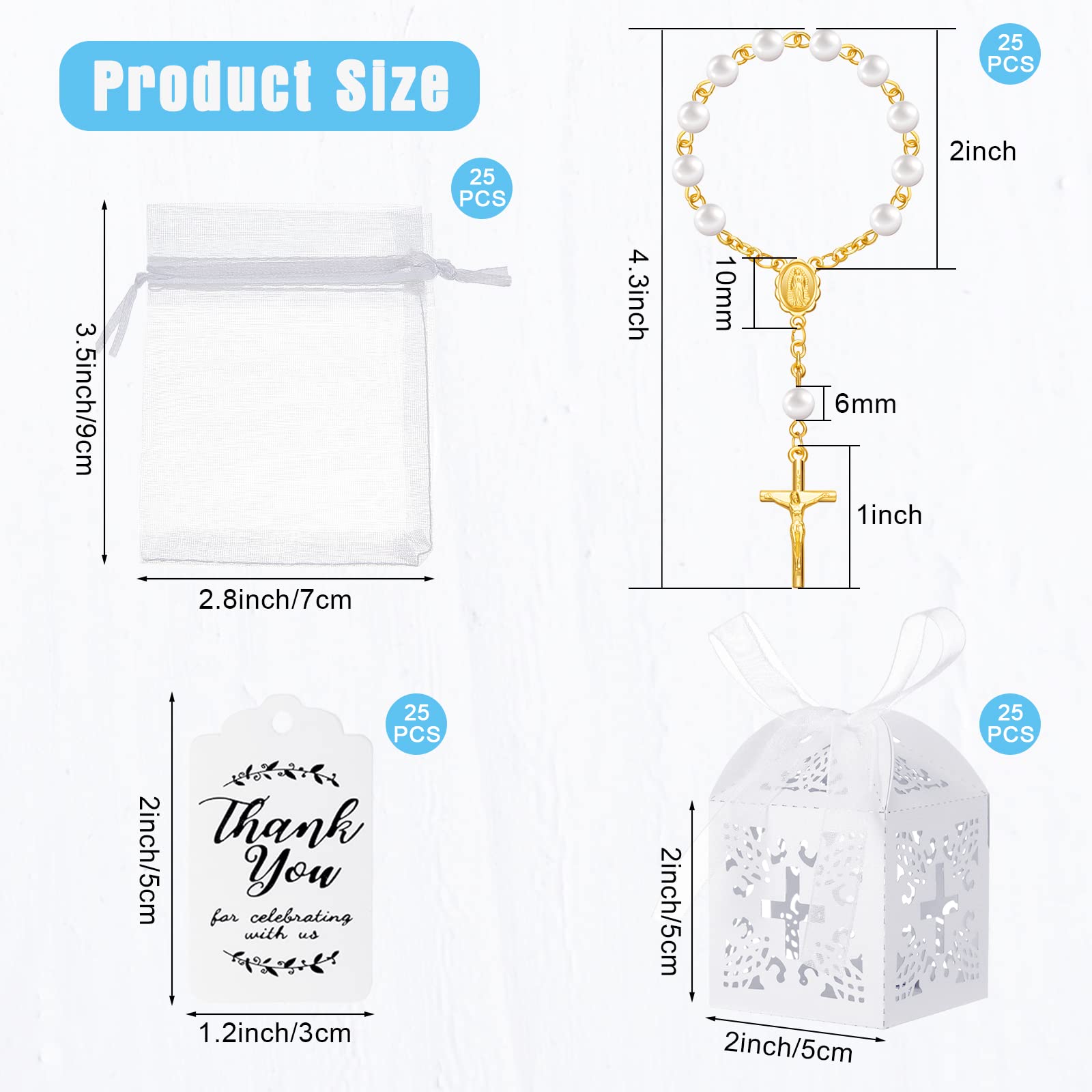 Yinkin Lot de 100 chapelets de baptême comprenant un mini chapelet, des boîtes à dragées en forme de croix, des sacs cadeaux en organza et des étiquettes de remerciement, cadeaux de retour d'invités