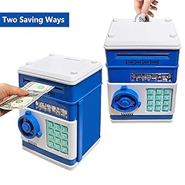 Suliper Electronic Piggy Bank Code Lock for Kids Baby Toy, Mini ATM Safe Coin Cash Banks Real Money Saving Box with Password, Auto Money Scroll for Children,Boys Girls Birthday Gift (Blue)