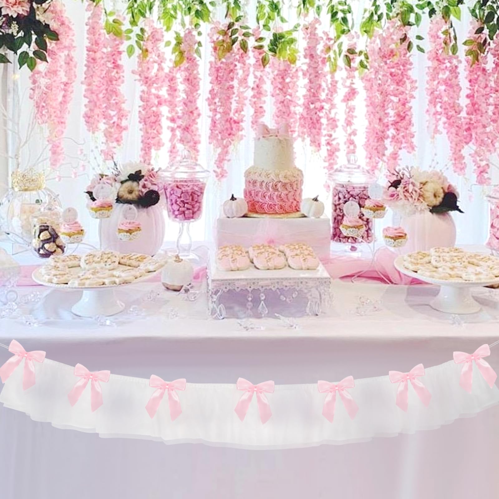 Schleife Girlande Banner, Rosa Schleife Geburtstag Party Dekorationen, 1,6 m Spitze und Satinband Schleifen Hängendes Banner mit 7 Schleifen für Kokette Geburtstag Bachelorette Party Hochzeit