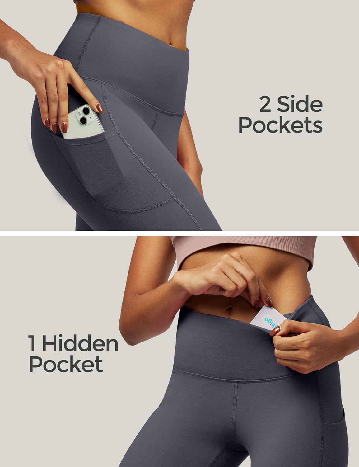IUGA High Waist Yoga Pants with Pockets, Leggings for Women Tummy Control, Workout Leggings for Women 4 Way Stretch Dark Gray - Image 4