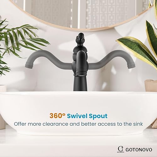 Miniatura 3 de gotonovo Grifo de baño giratorio de 360 con un solo agujero, grifo de baño alto para lavabo, grifo de lavabo con drenaje desplegable, negro mate