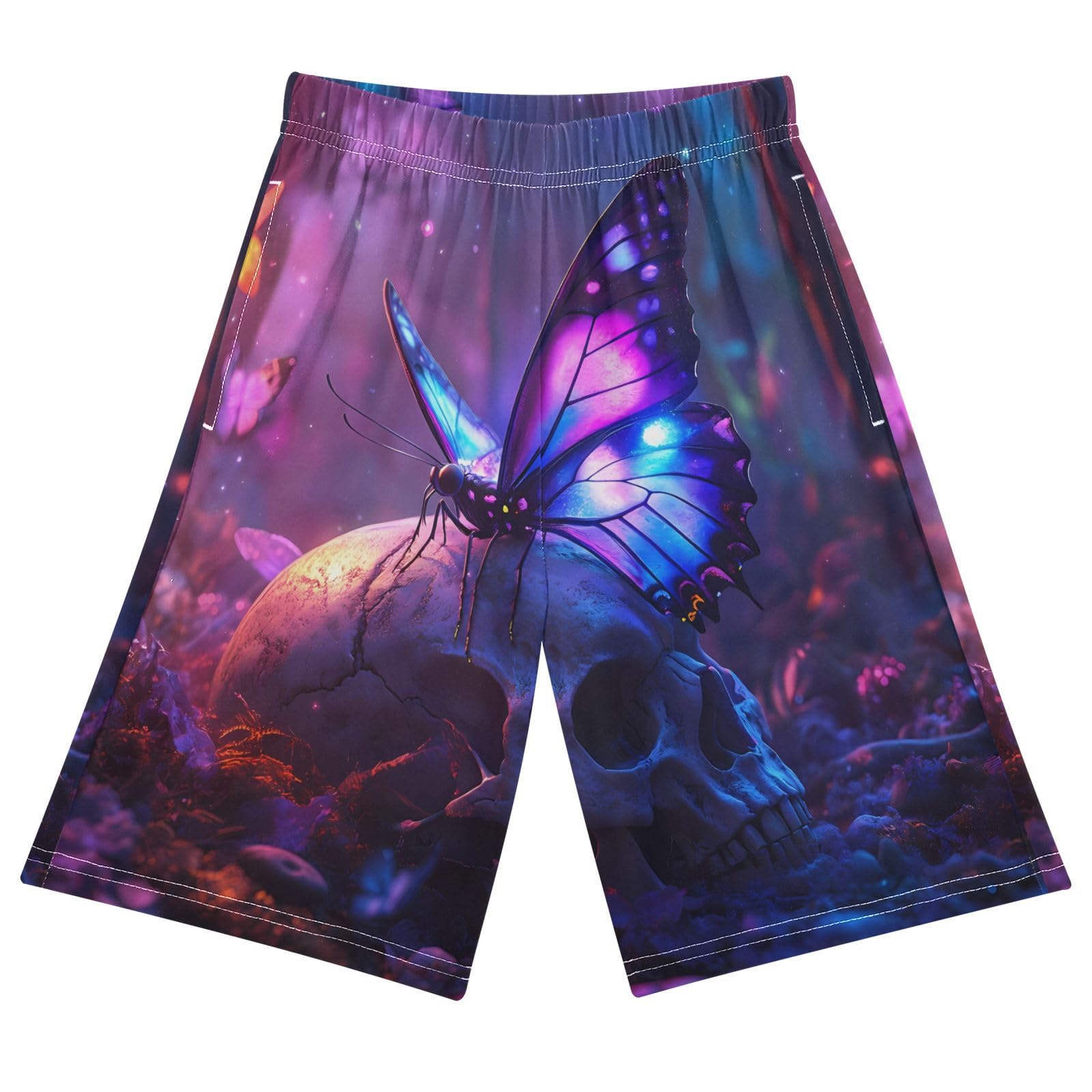 ALAZA Magic Colorful Butterfly Skull Boys Athletic Shorts Kids with Pockets Shorts for boy Girl Size 6-8 Years Multicolor