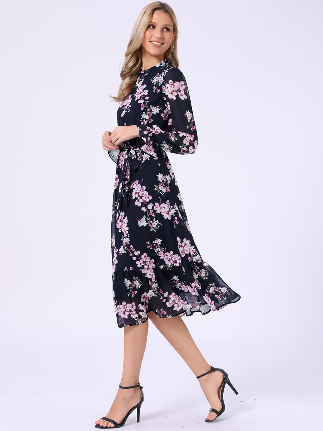 Allegra K Fall Casual Floral Dress for Women 2025 Long Sleeve Crew Neck Chiffon Midi Tea Party Ruffle Dresses - Image 4