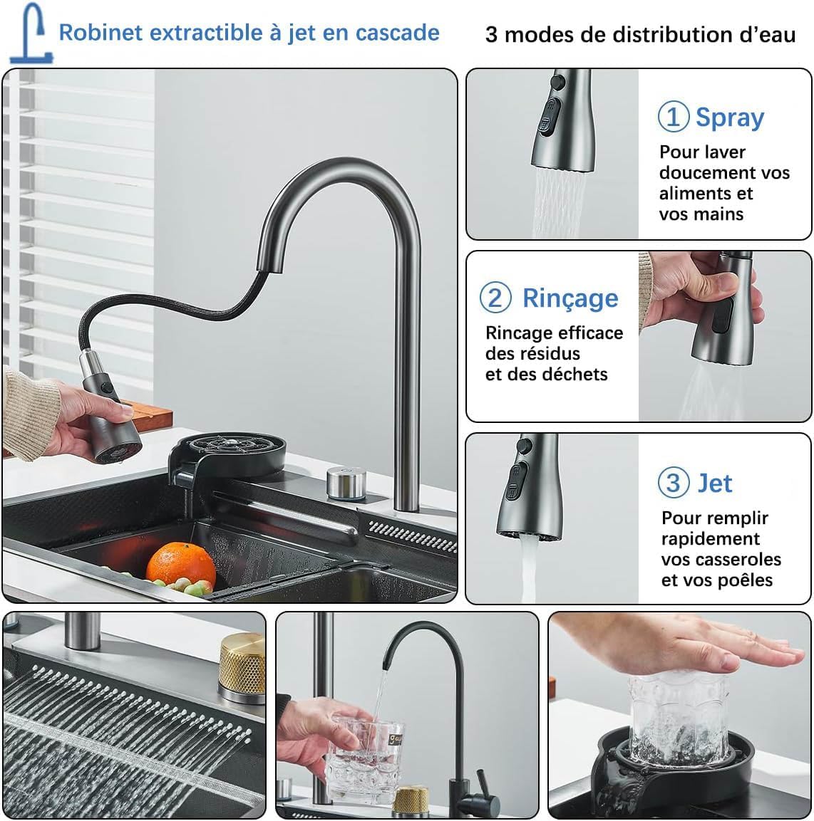 Évier de Cuisine Cascade Multifonctionnel Robinet Extractible Haute Pression Affichage Température ANTI-ÉCLABOUSSURES Éviers de Cuisine en Acier Inoxydable(75x46cm)
