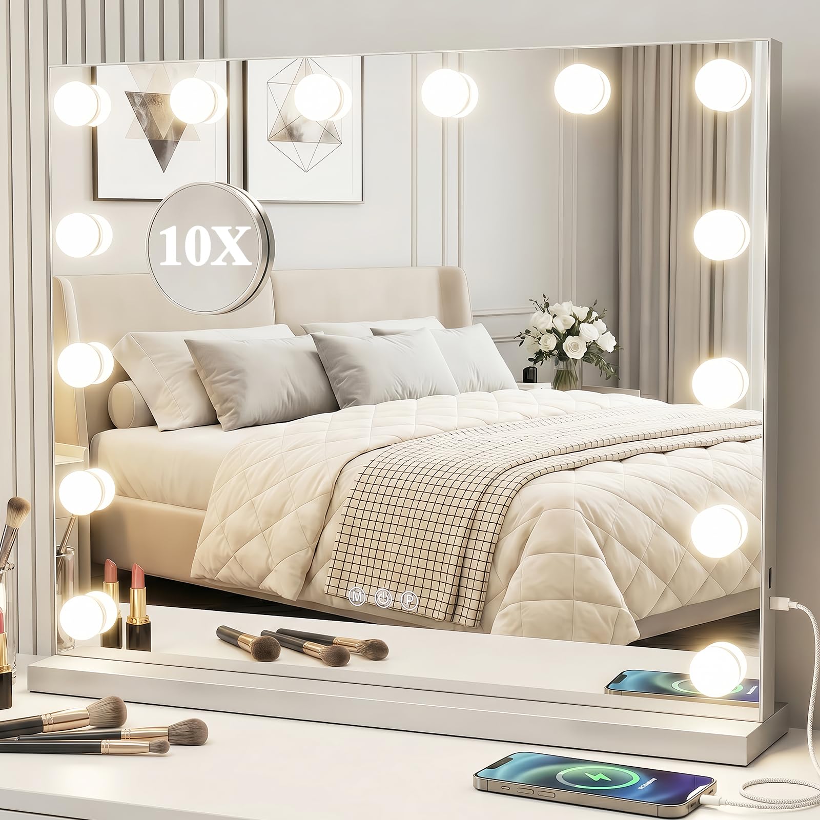 HomniTacx Hollywood Vanity Mirror with Lights, 50x42cm Makeup Mirror with 14 LED Dimmable Bulbs, 3 Color Modes, USB & Type-C Charging, Tabletop & Wall Mounted Vanity Mirror for Bedroom & Dressing Room
