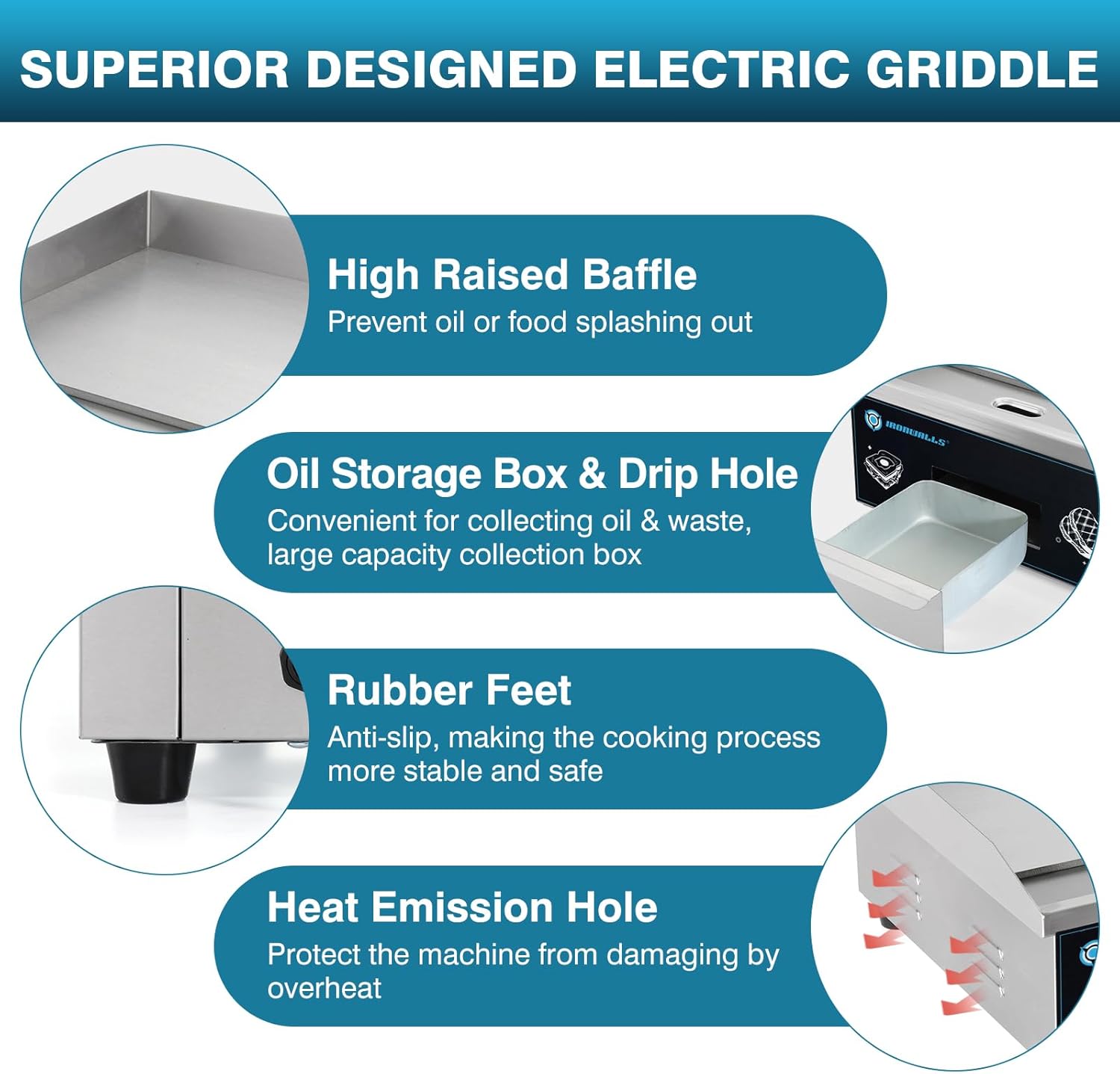IRONWALLS Commercial Griddle Electric 22”, 3000W Electric Flat Top Grill, Stainless Steel Countertop Electric Griddle Nonstick with 122~572℉Adjustable Temperature Control for Restaurant Kitchen