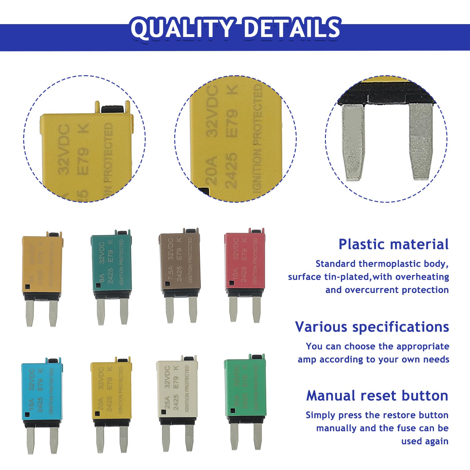 BOJACK ATM Manual Resettable Fuse Low Profile Mini Blade Fuses 5A 6A 7.5A 10A 15A 20A 25A 30A Amp Automotive Circuit Breaker Fuses DC 12V 28 Volts Boat Marine RV Car Truck (8 pcs Mixed