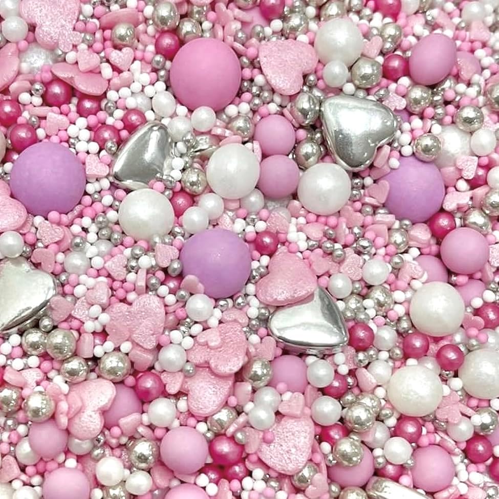 Valentines sprinkles pink lilac silver hearts white pastel purple cupcake cookies cake topper pearls chocolate balls 100s 1000s wedding engagement hen party love anniversary decoration GALENTINES