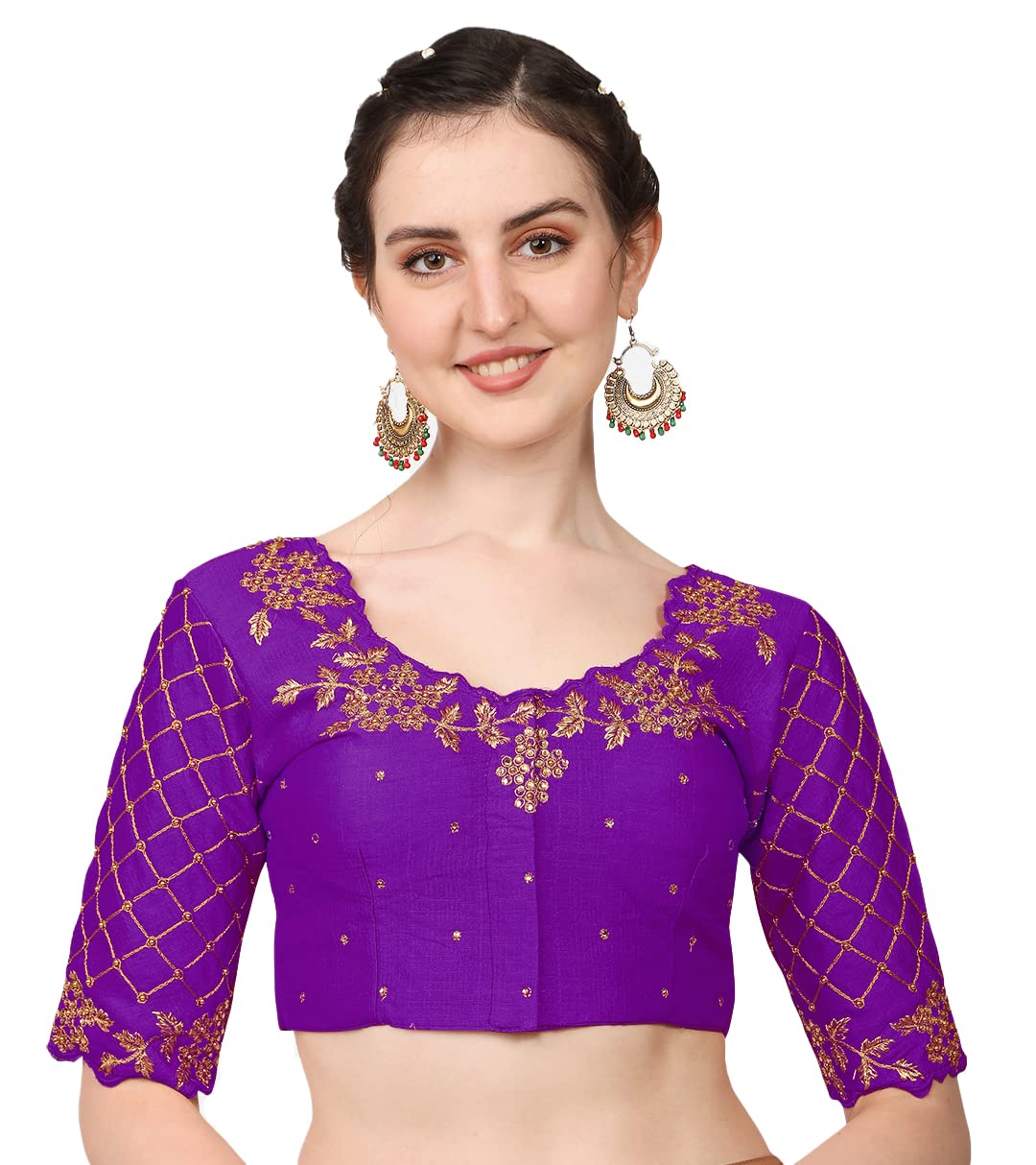 Pujia Mills Women's Embroidery Handwork, Rough Cut Work Stone Work Readymade Blouse (36, Purple)