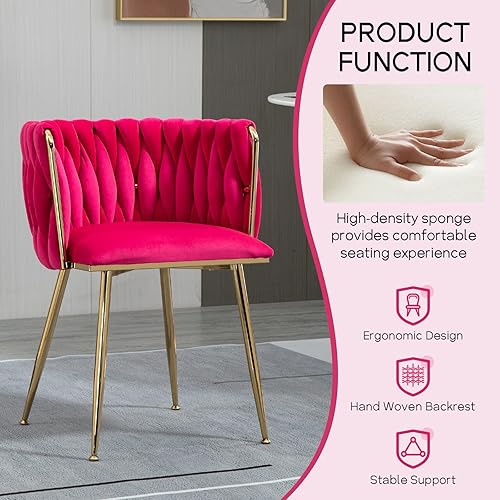 Miniatura 3 de LETESA Juego de 2 sillas de comedor de terciopelo modernas tapizadas con respaldo tejido a mano y patas de metal dorado, sillas laterales