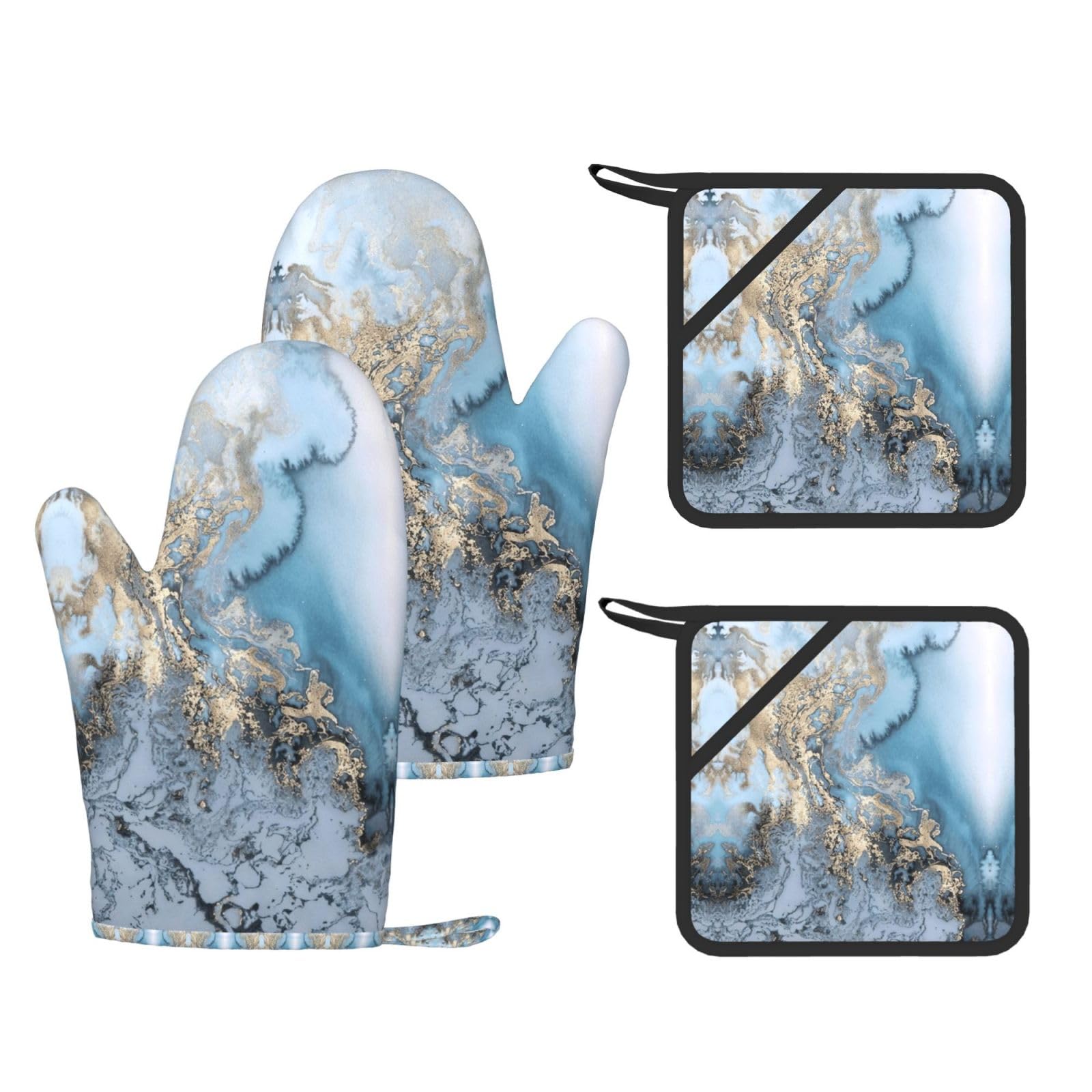 Marble. Printed Pot Holders and Oven Mitts 4-Piece, Non-Slip Kitchen Gloves with Utensil Pocket for BBQ
