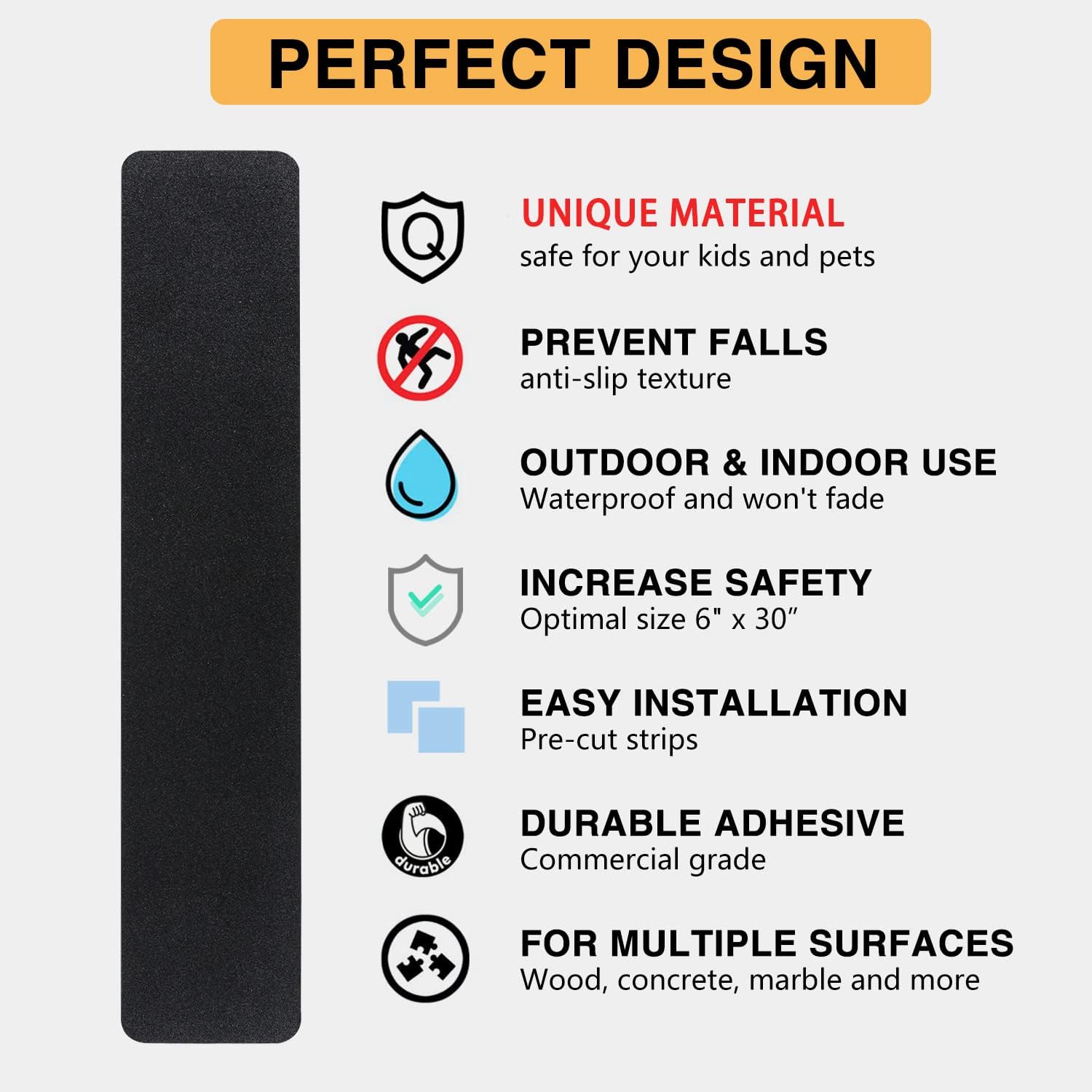 10 Pack Stair Treads Non-Slip 6” x 30” Outdoor Non Skid Tape, Pre-Cut Black Anti Slip Safety Adhesive Strips for Steps, Staircase
