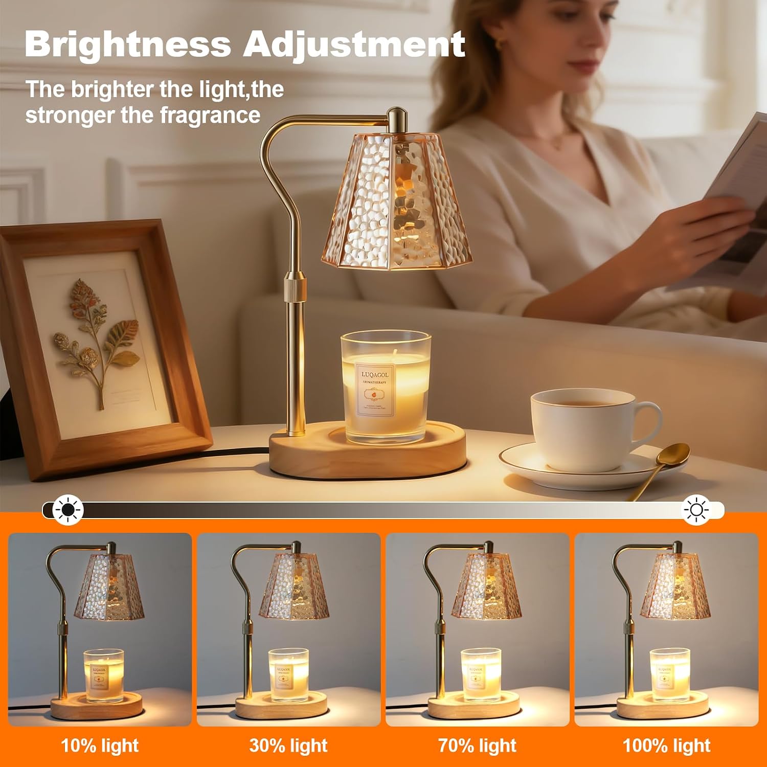 Luxury Brown Candle Warmer Lamp with Timer Dimmer & Height Adjustment, 2 Bulbs, Jar Wax Melts Warmer, Birthday Housewarming Gifts for Her, Bedroom New Home Decor Essential (Gold Colored Logs)