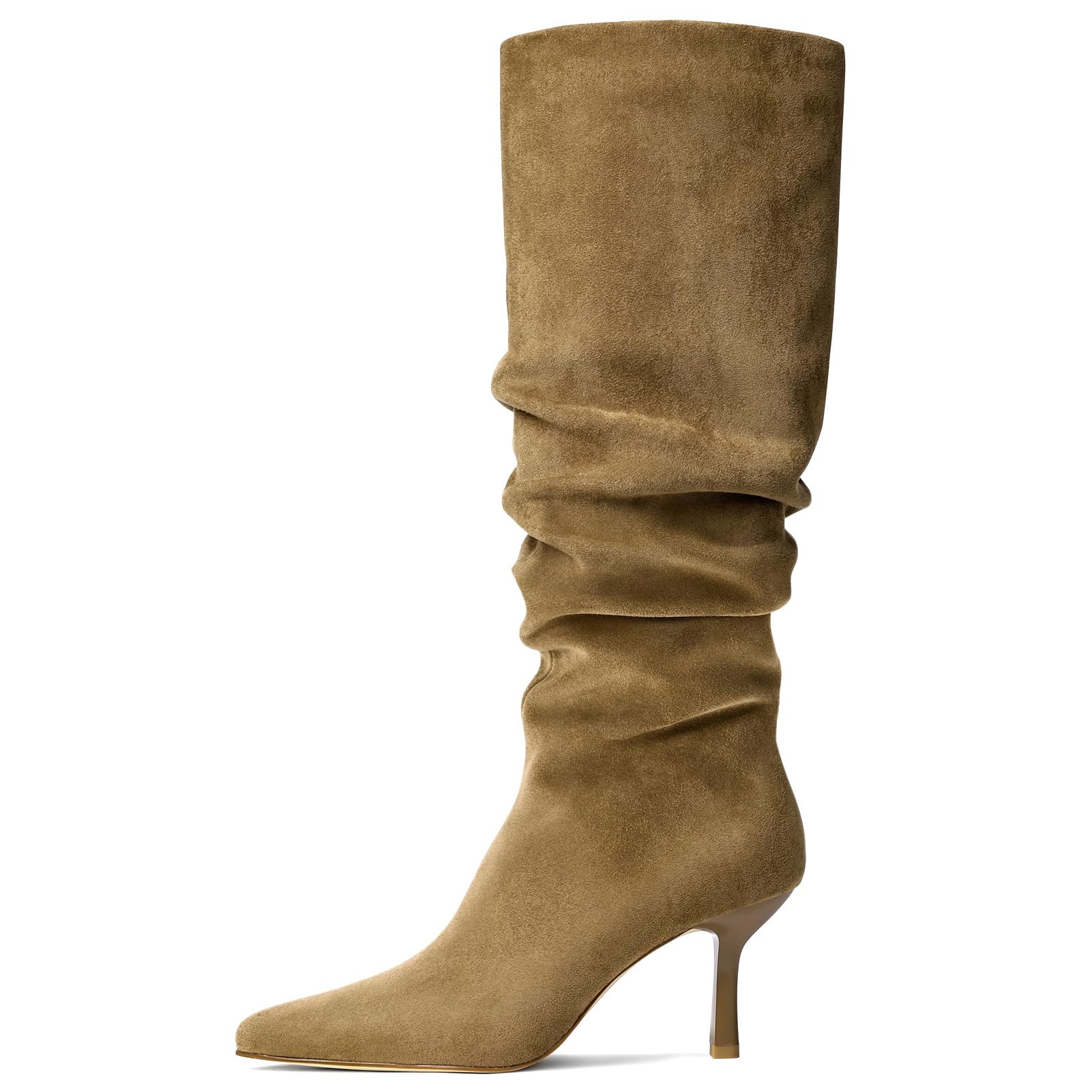 Lumeheel Knee High Boots for Women - Suede Ruched Womens Tall Boots with Pointed Toe Kitten Heel Pull