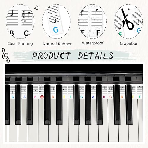Miniatura 3 de Amiarc Calcomanías de piano para principiantes teclado de piano de goma de 88 teclas para aprendizaje guía de notas de piano extraíble sin necesidad