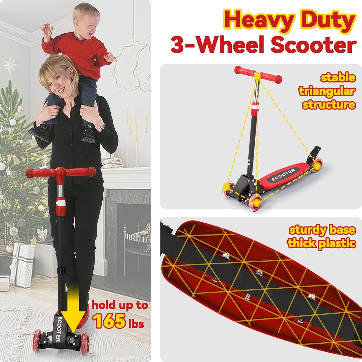 Scooter for Kids 3-12, Kid Scooters with Extra-Wide Deck, 165 lbs Capacity, 3 Wheel Kick Scooter with Lean to Steer, Height Adjustable Handlebar, Light Up Wheels for Stable Smooth Riding, Child Gift