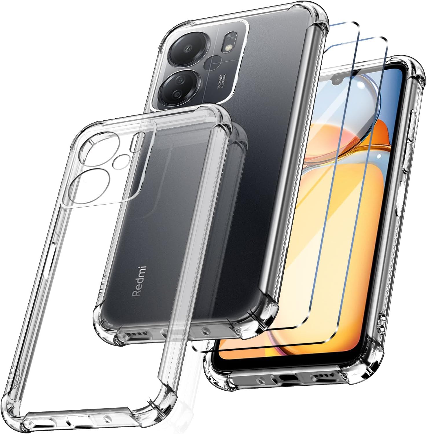 New&Teck Case for Xiaomi Redmi 13C + 2 Tempered Glass Screen Protector, Transparent Soft TPU Silicone Bumper with Reinforced Corners (Transparent)