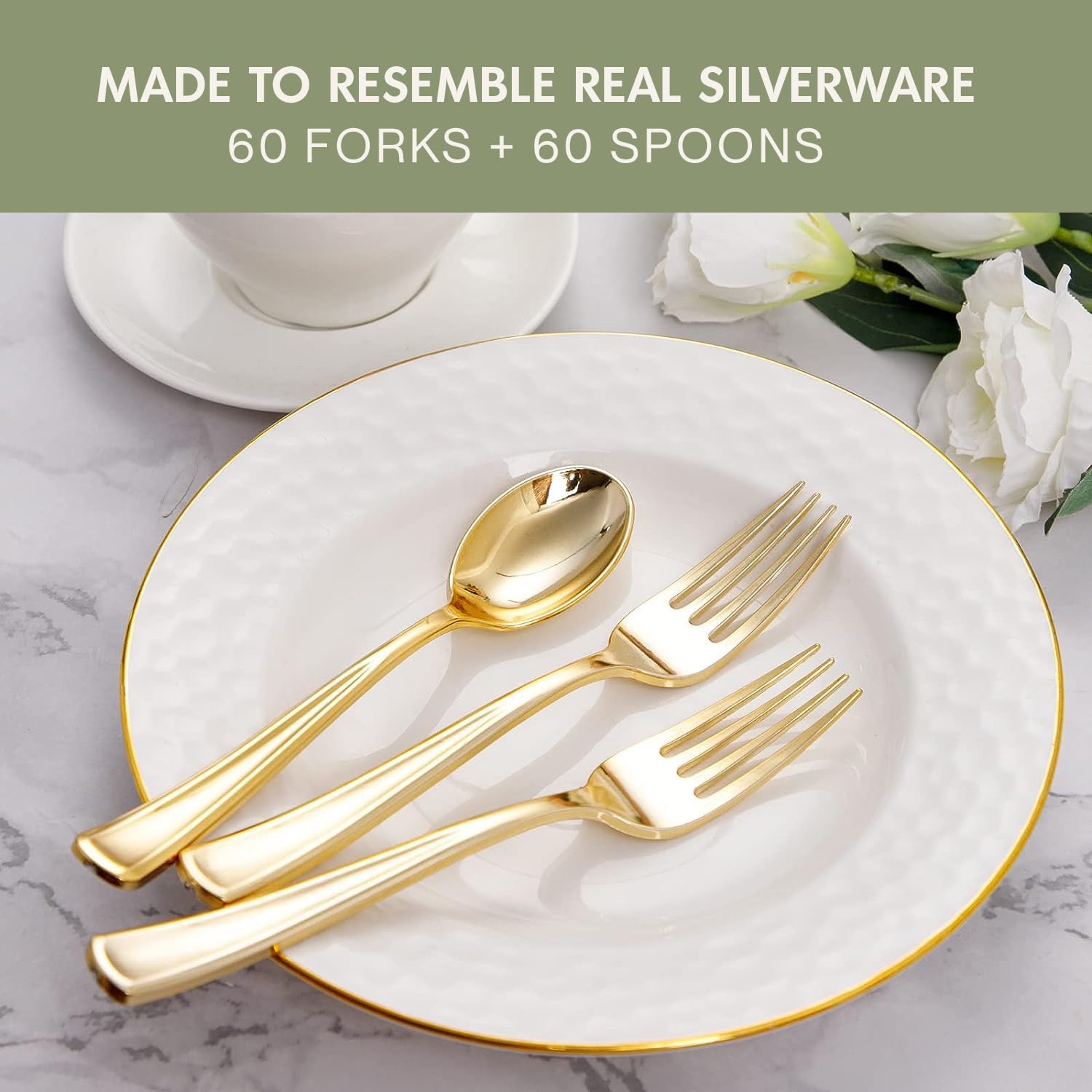 Gold Disposable Cutlery Set, Gold Forks + Spoons, (120 Count), Disposable Silverware assortment