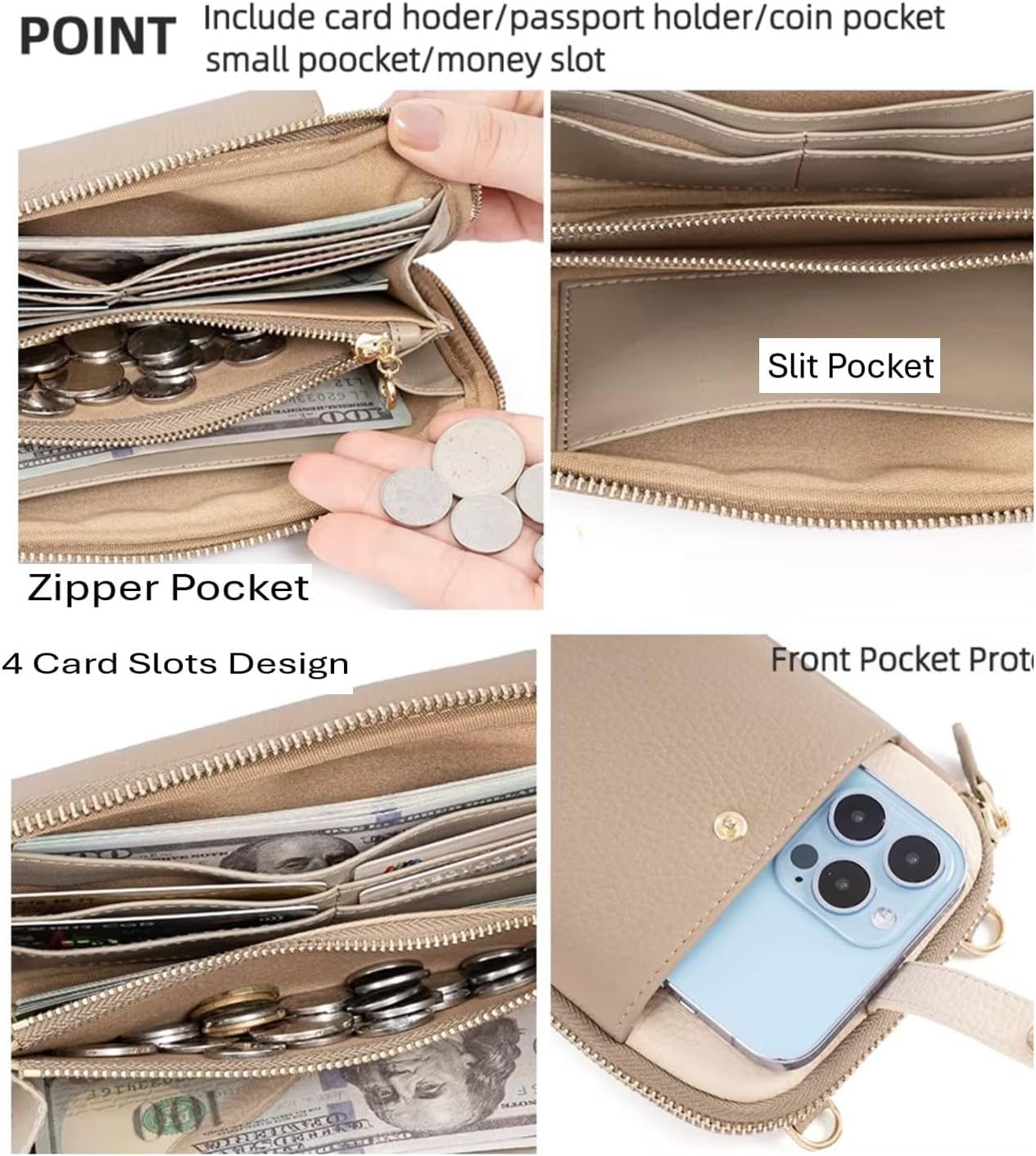 Genuine Cowhide Leather Small Crossbody Bags for Women, Smart Design Phone Bag Wristlet Wallet With Card Slots & 2 Straps