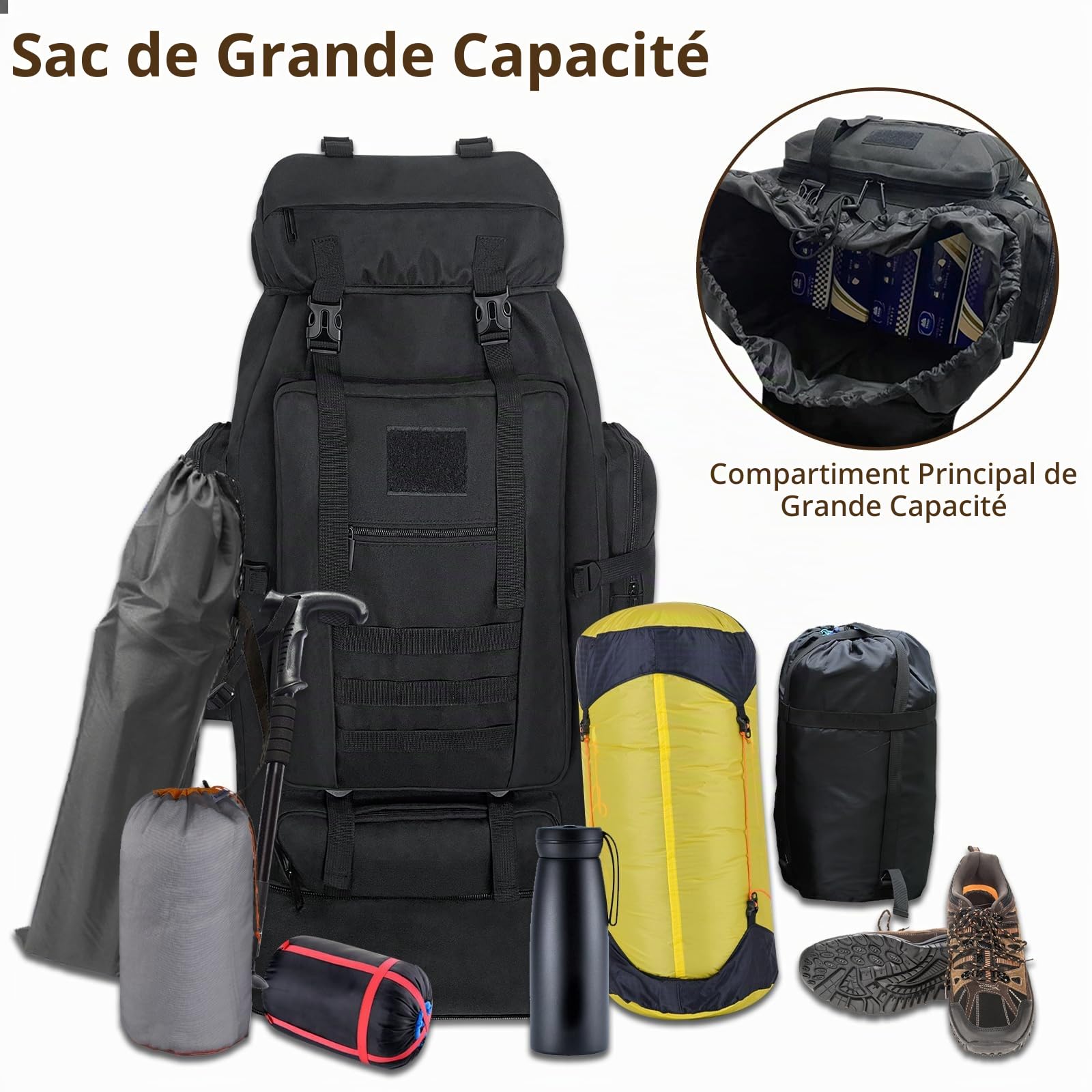 Sac à Dos de Randonnée 100L - Grand, Extensible, Imperméable, Tactique Militaire pour Camping, Voyage, Sport en Plein Air - Hommes et Femmes