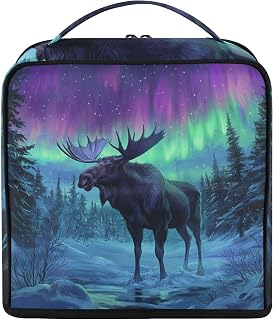 Standing Makeup Bag Moose Borealis Travel Toiletry Bag | Top Handle, Multi-compartment, Trolley Sleeve, Adjustable Dividers, Large Capacity,Colorful Print