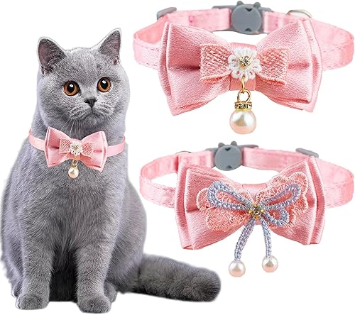 Collar para mascotas, collar de gato con cuentas de lazo de encaje rosa, collar de campana para mascotas, collar de gato ajustable suave con flores