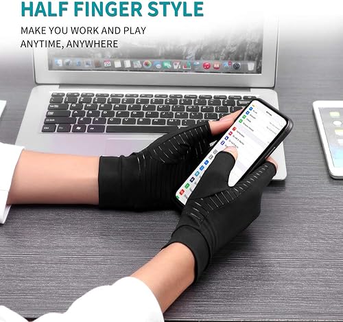 Miniatura 4 de Ricbestlab Guantes de cobre para artritis para mujeres y hombres, sin dedos, transpirables y absorben la humedad, guantes de compresión para